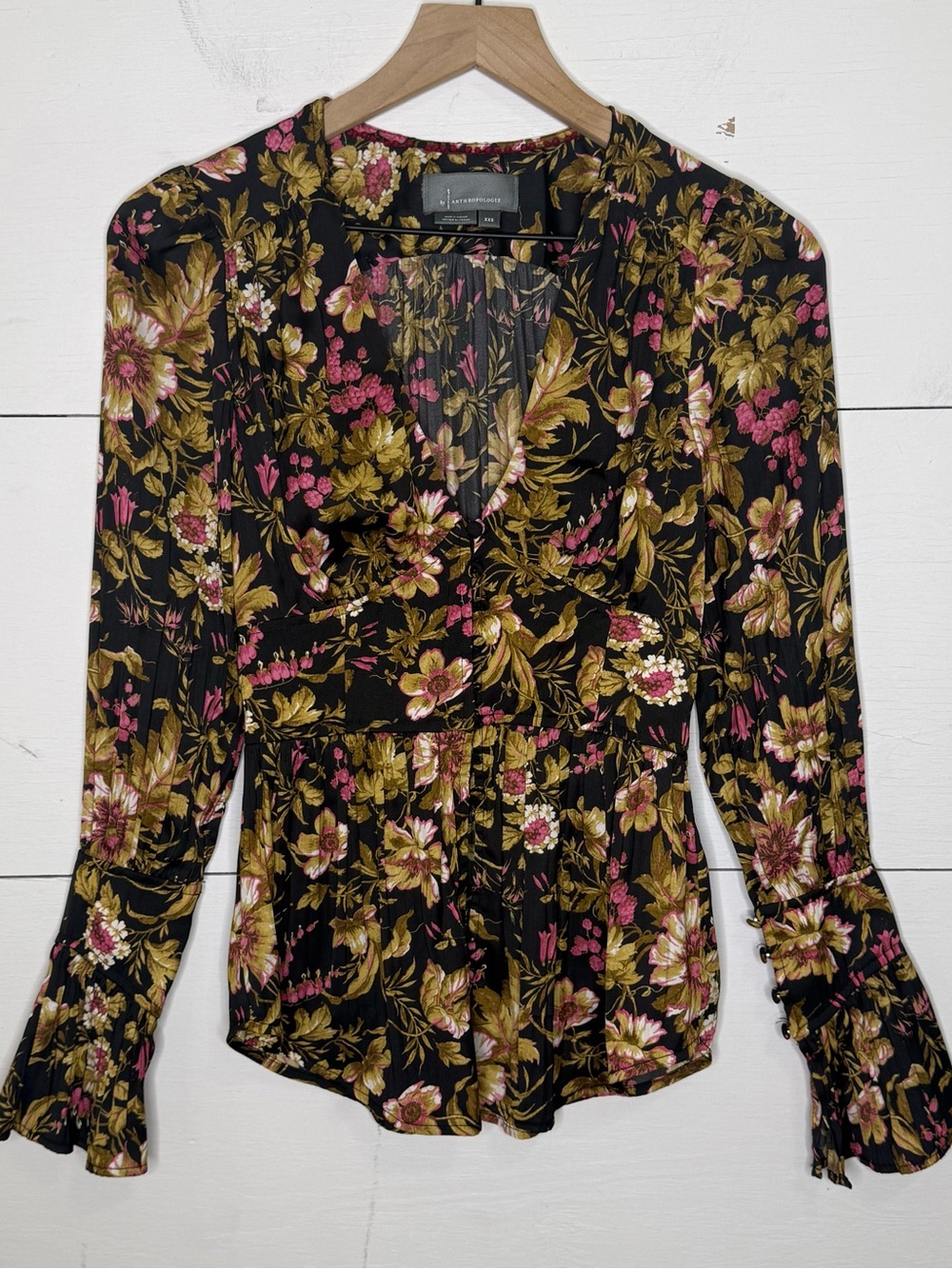 Anthropologie • Deep-V Tunic Floral Black Motif Blouse Top Button Corset Peplum